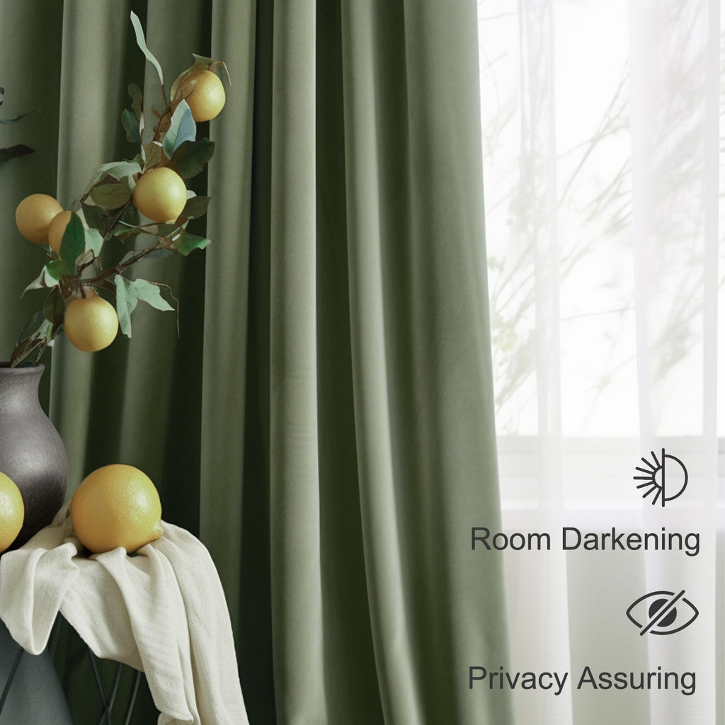 Lazzzy Blackout Velvet Curtains Green Thermal Insulated Curtains 84 Inch Long Drapes For Bedroom Living Room Darkening Window Treatments Grommet Living Room Curtains Set Of 2 Panels Sage Green