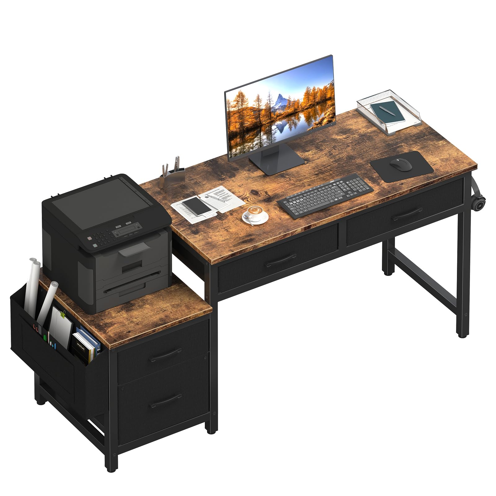 Lufeiya Computer Desk with Fabric File Drawers Cabinet, 57 Inch Home Office Desks with Filing Cabinet Printer Stand for Small Sp