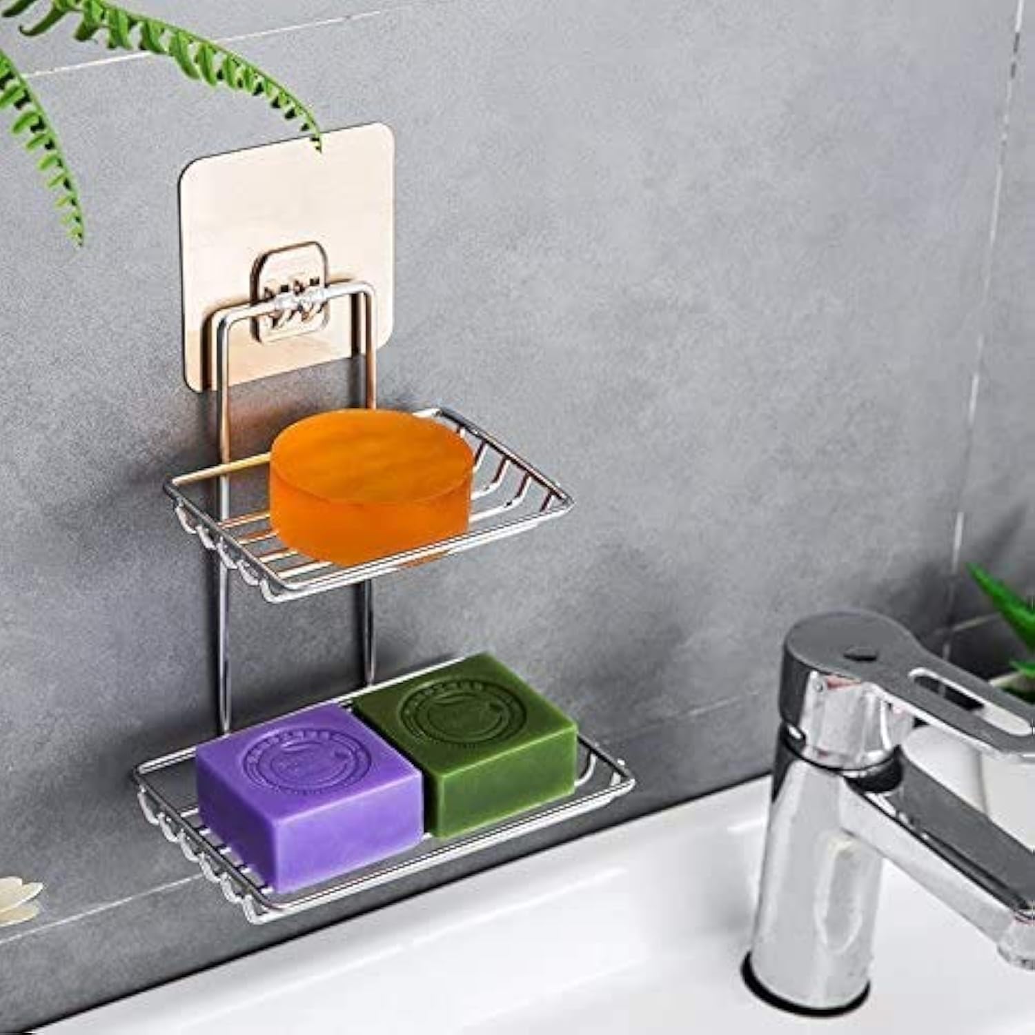 Orjilo Wall Mounted Double Layer Soap Dish Holder Stainless Steel Wall Hanging Soap Storage Rack For Kitchen BathroomWith Self 