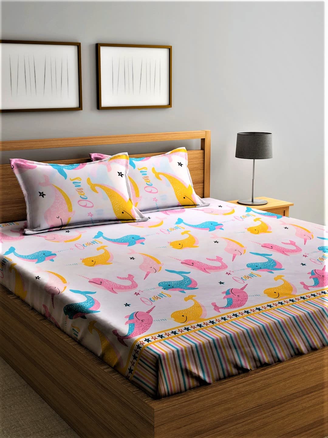 Home Sizzler 144 Tc KidS Microfibre KidS Dolphin Pink Double Bedsheet With 2 King Size Pillow Covers