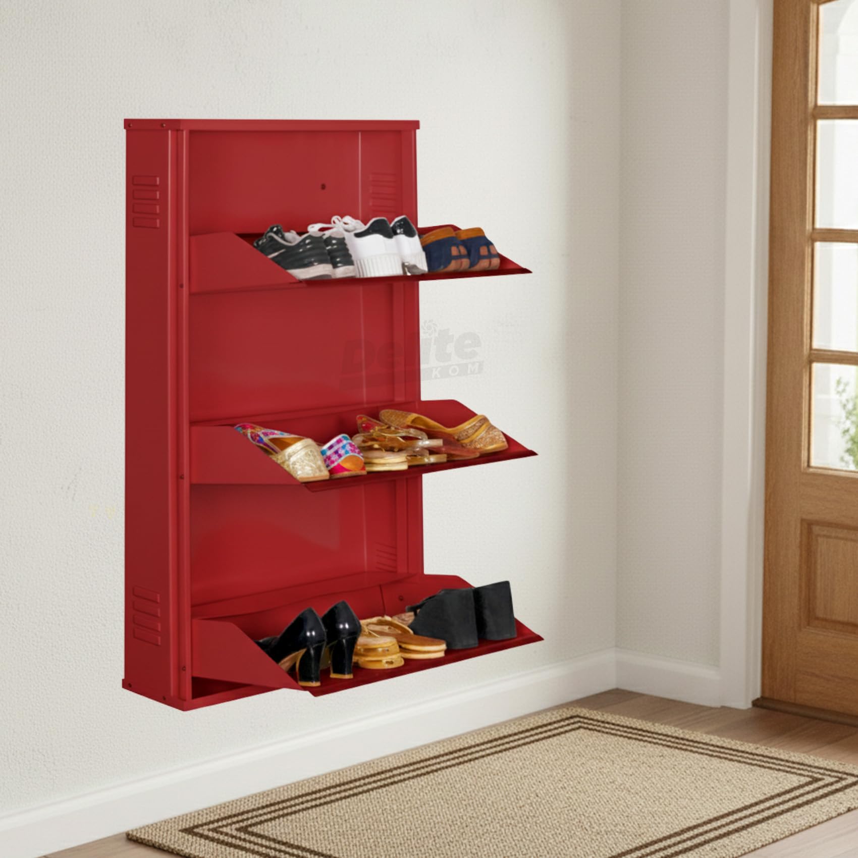 Delite Kom 24 Inch Wide, 3 Shelf Metal Shoe Rack Wall Mounted For Home With Central Lock | Holds Upto 9 Shoes Or 15 Slippers Pai