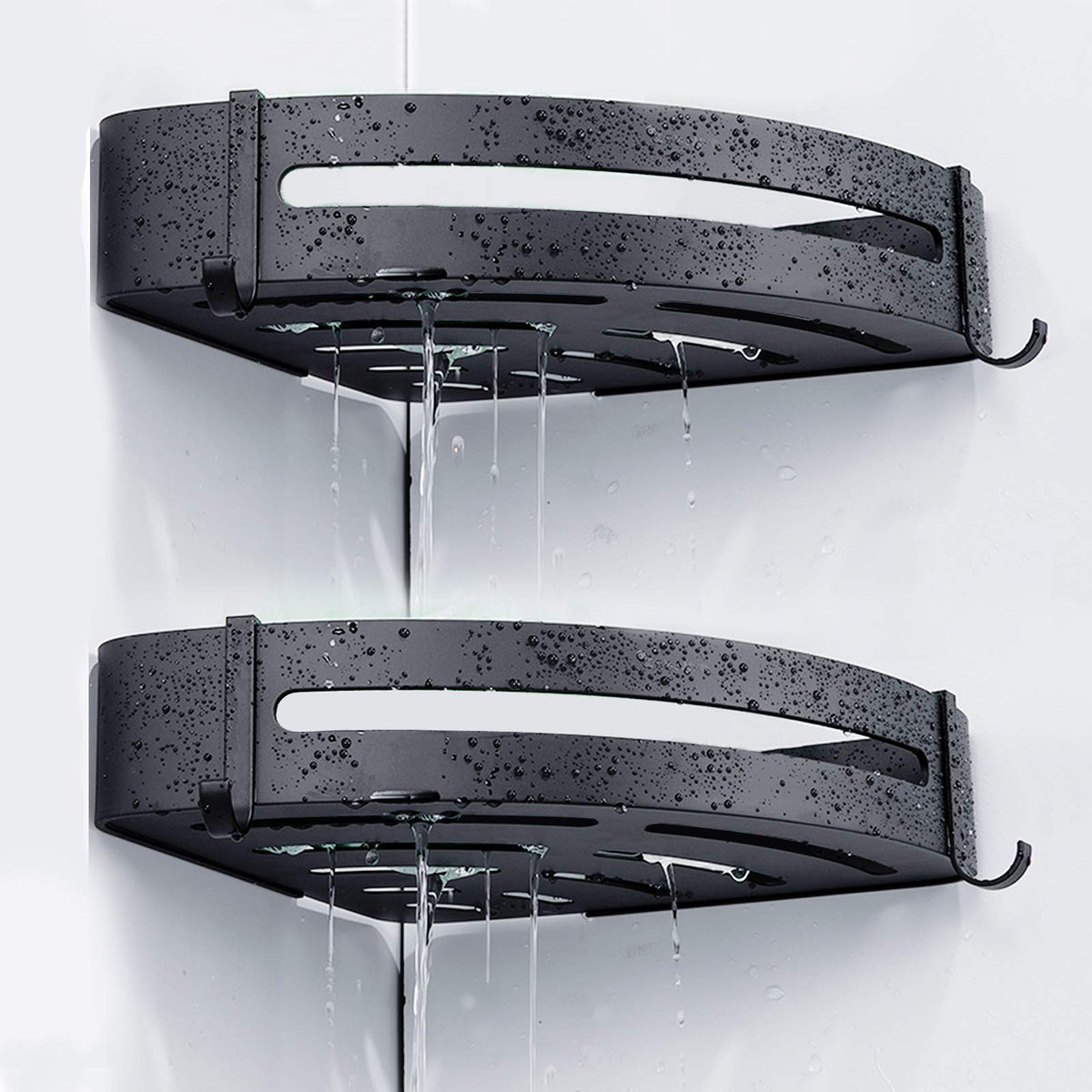 LIUMY 2Shelf Modern Corner Shower Caddy, Black, Rustproof & Waterproof, 20 lbs Capacity, Adhesive or Screw Mount, Bathroom & Ki