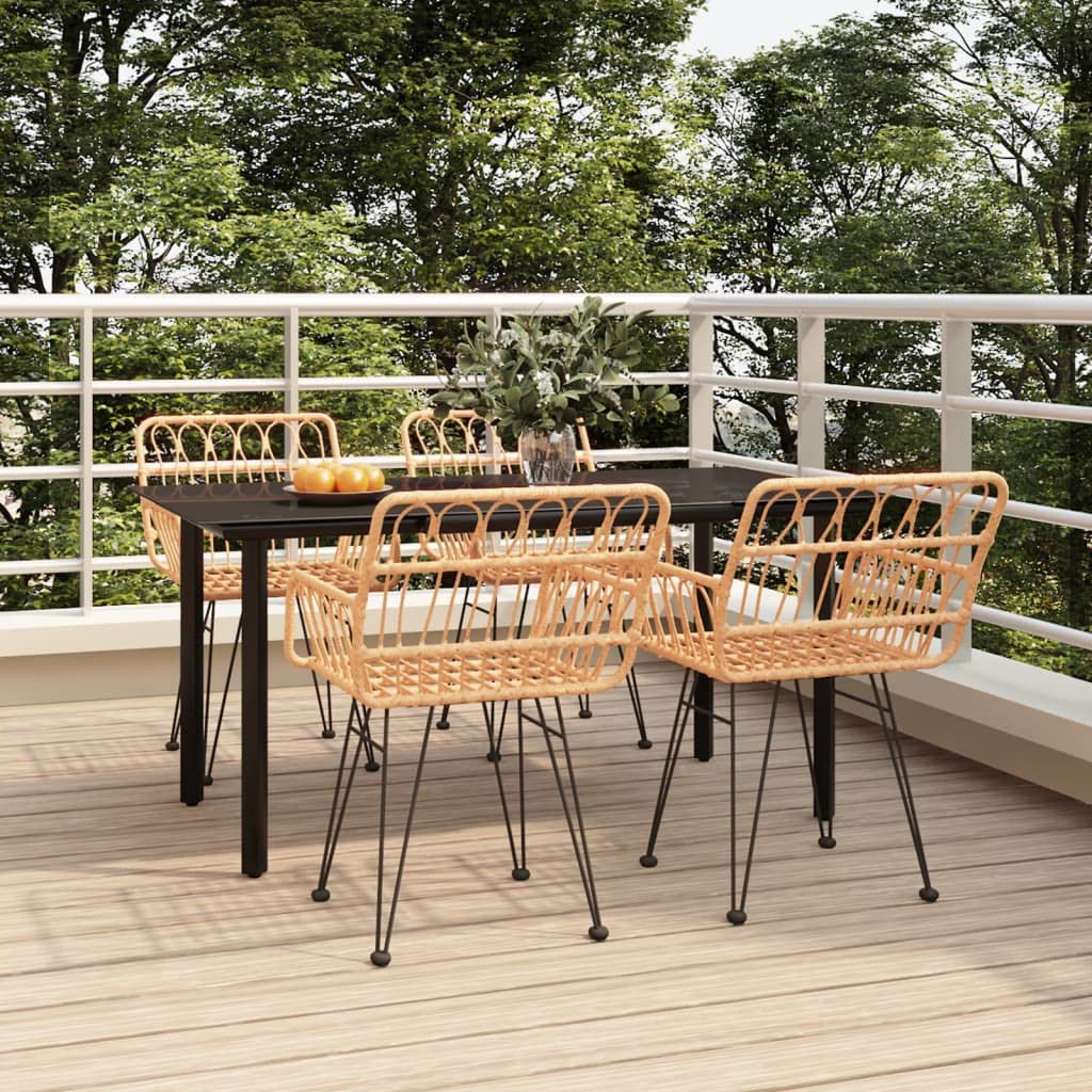 vidaXL Poly Rattan Patio Dining Set - 5 Piece Set with Weather Resistant Material, Sturdy Steel Frame, Tempered Glass Tabletop, Comfortable Chairs with Armrest and Backrest