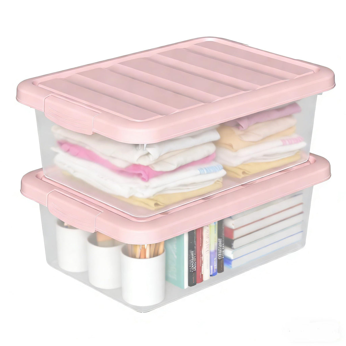 Parlynies Stackable Organization Bins, Clear/Pink, 14 Quart, Set of 2