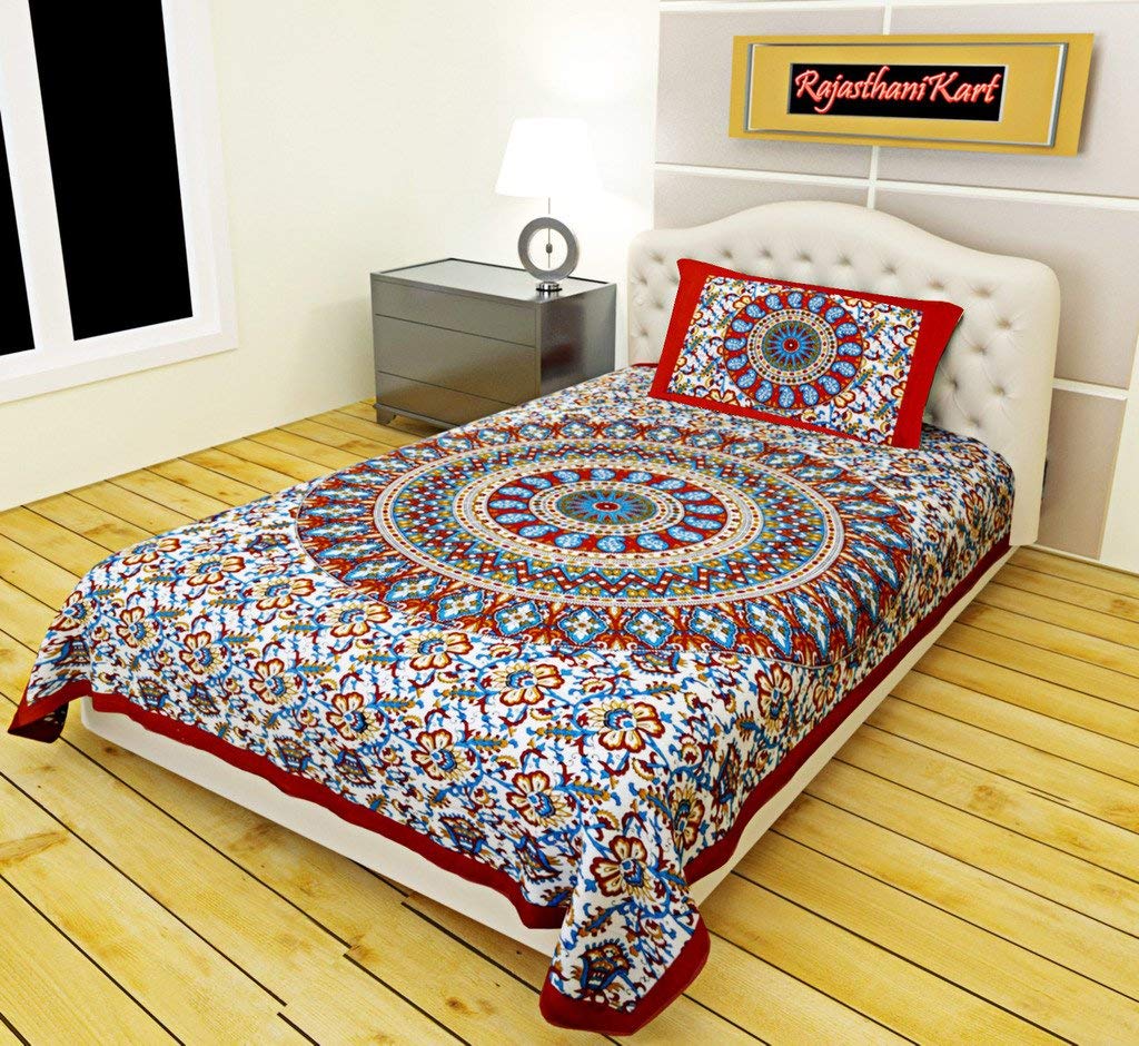 RajasthaniKart Comfort Rajasthani Jaipuri Traditional Sanganeri Print 144 TC 100% Cotton Single Bedsheet with 1 Pillow Cover