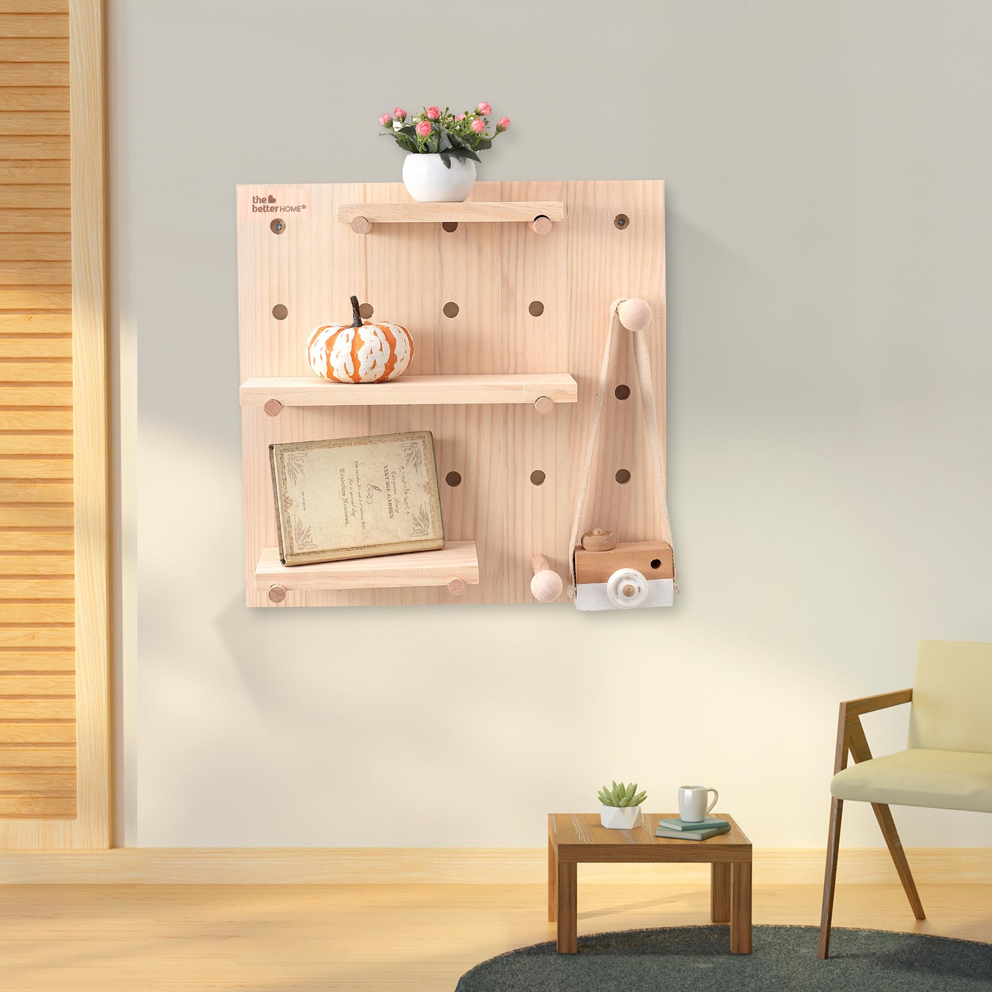 The Better Home Pinewood Pegboard Organizer(16X16Inch) |Wooden Shelf For Wall | Wall Shelf For Living Room, Office, Bedroom | Wa