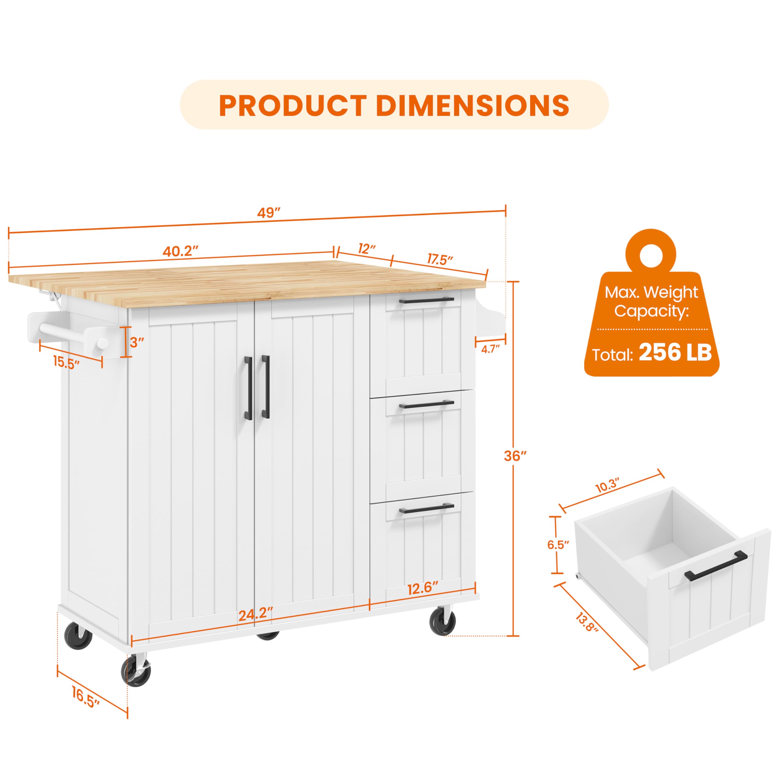 Yaheetech Kitchen Island Cart with Drop Leaf, Rubberwood Top, 3 Drawers, Storage Cabinet, White