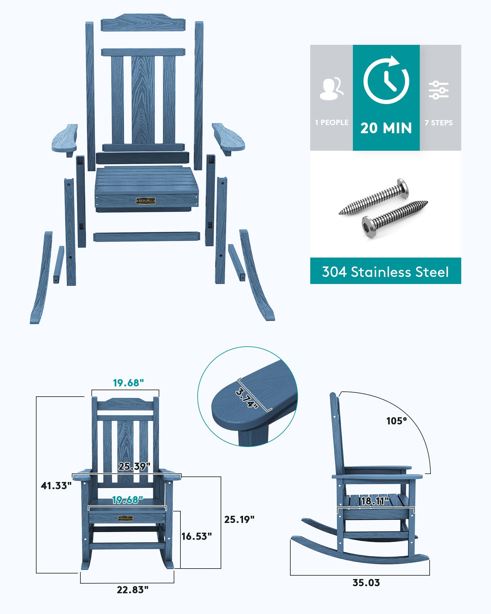Serwall Outdoor Rocking Chair Blue Set Of 6, All Weather Patio Rocking Chair, Hdpe Poly Rocking Chair For Adults, Heavy Duty Front Porch Rocker