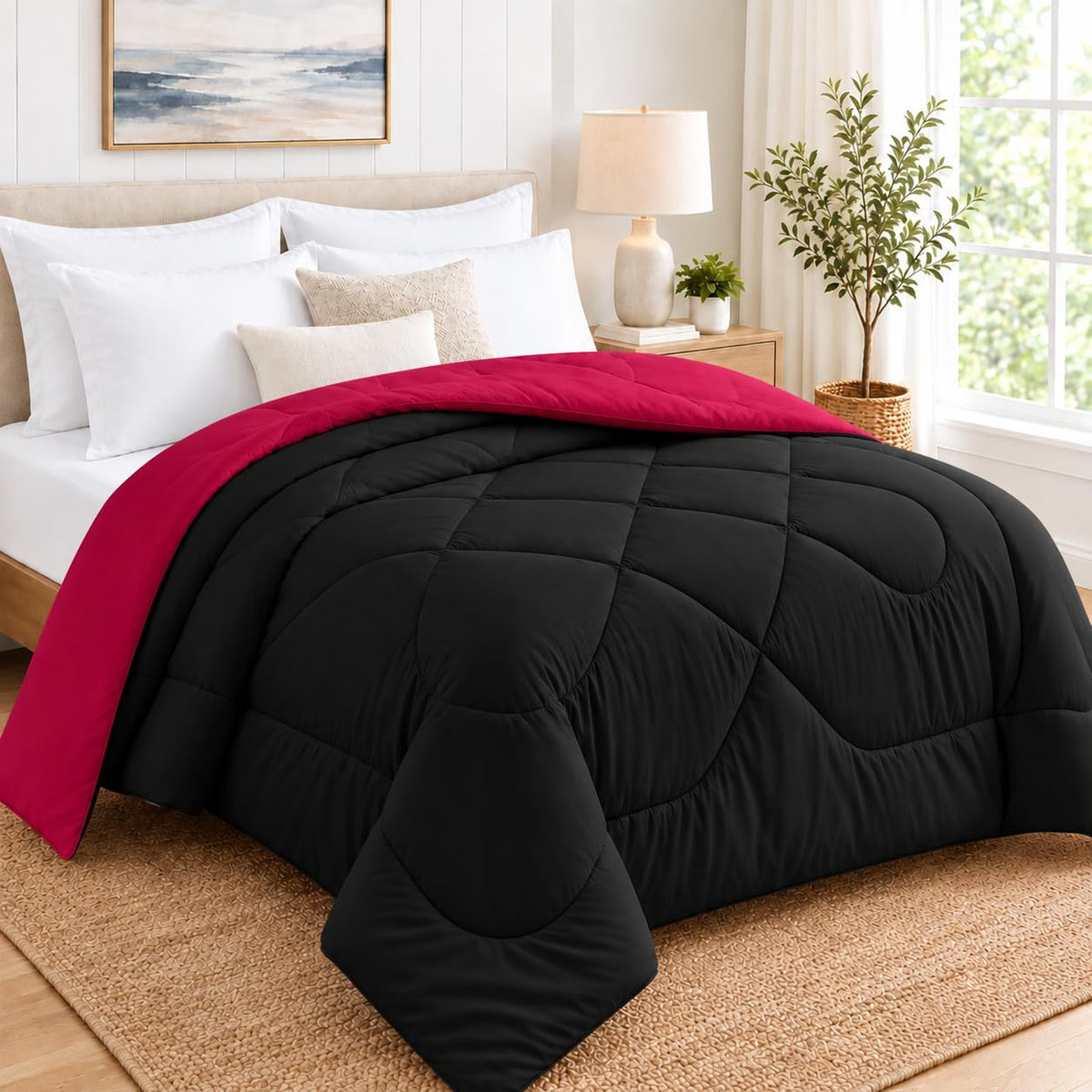 Sky Beddings Reversible Comforter For King Bed  Black/Raspberry Red