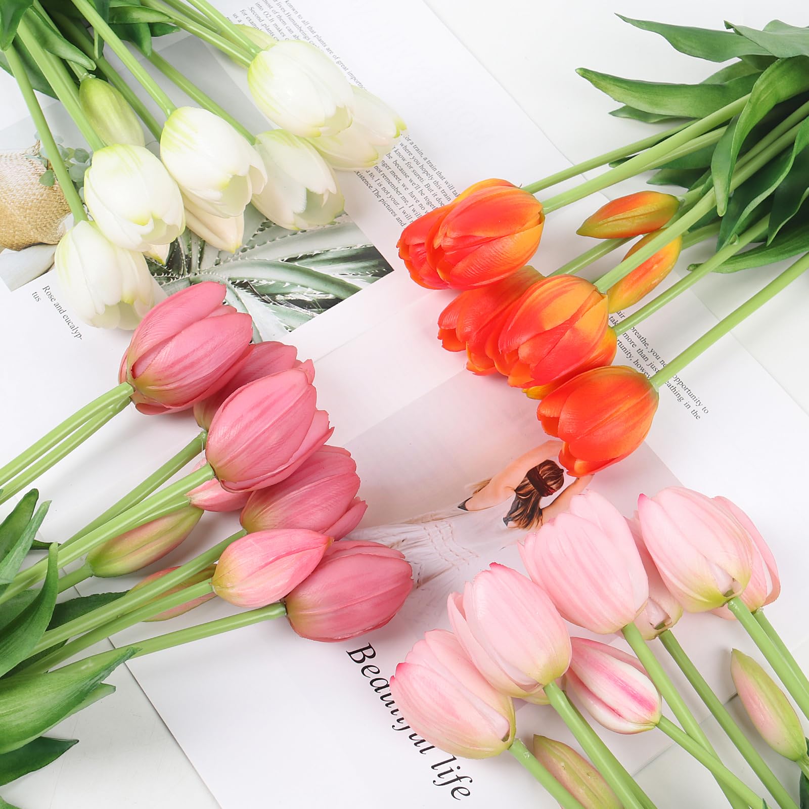 Beferr 10Pcs Tulips Artificial Flowers Faux Tulip Real Touch Tulip Fake Flowers Bouquets Arrangements For Easter Spring Flowers