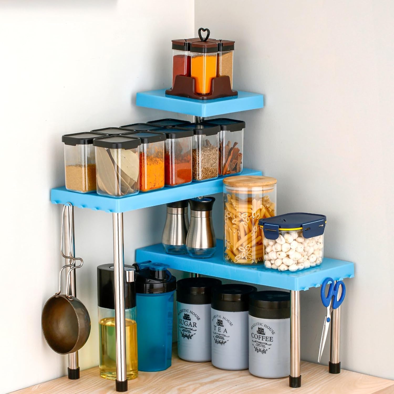 Gruhaura Countertop Organizer Rack | 3 Tier | Kitchen Corner Shelf | SpaceSaving | Adjustable Counter Top Stand For Spice Jars 