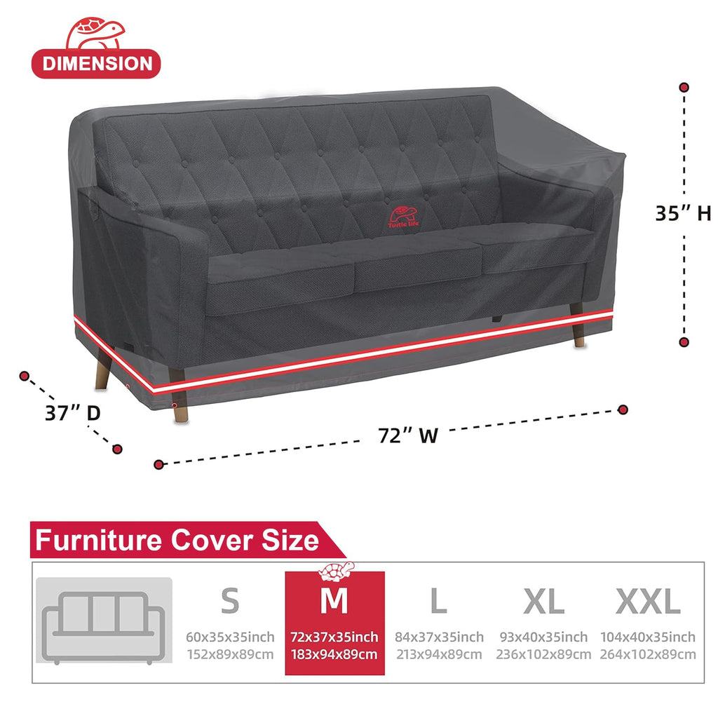 Turtle Life Patio Sofa Cover, Outdoor Heavy Duty Durable Uv Water Resistant Anti-Fading Multi-Person Sofa Cover With 2 Upgrade Air Vents And 2 Buckles, Black, 72' W X 37' D X 35' H