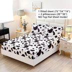 Sdy 3Pcs Milk Cow Print Stuff Bedding Fitted Sheet Set Queen Size, Cartoon Cow Pattern Fitted Sheet With Deep Pocket And 2 Pillo