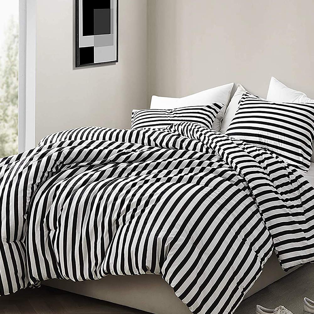 Clothknow Striped Comforter Set Full 3Pcs Black And White Bedding Comforter Sets Farmhouse Comforter Full Size Ticking Stripes F