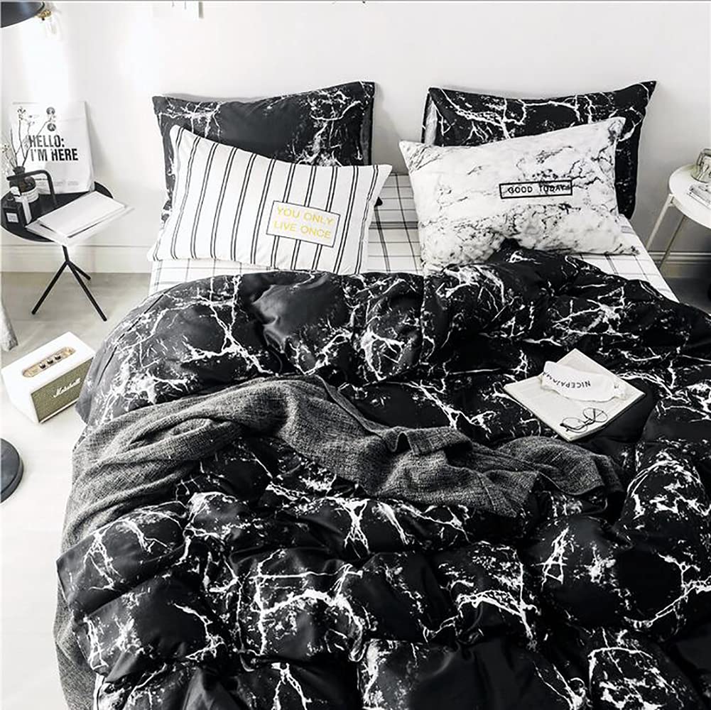 Karever Black Marble Comforter Set Full/Queen White Texture Bedding Reversible Teen Boy Men Full Size Soft Lightweight Quilt Set