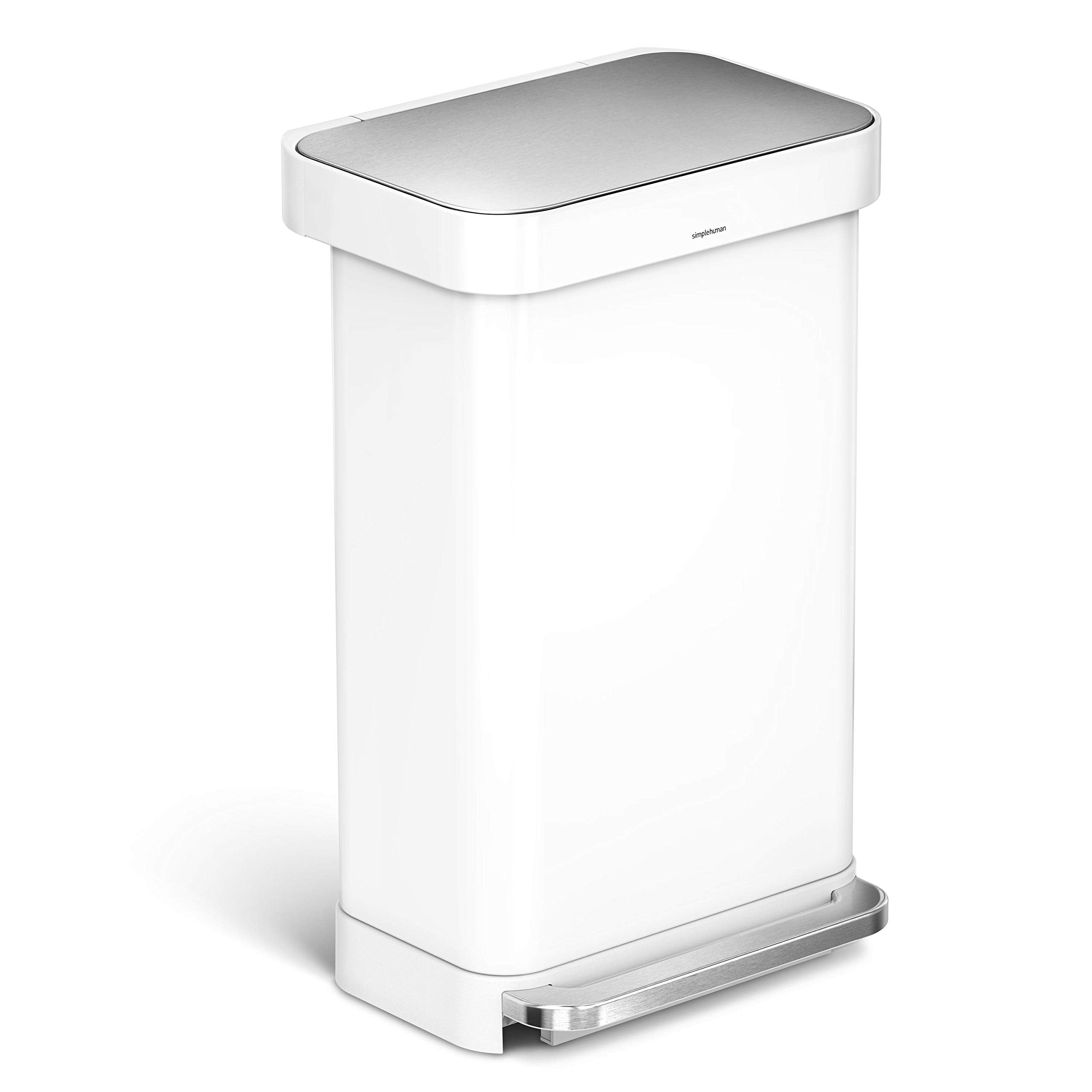 simplehuman 45 Liter Rectangular Hands-Free Kitchen Step Soft-Close Lid Trash can, White Stainless Steel