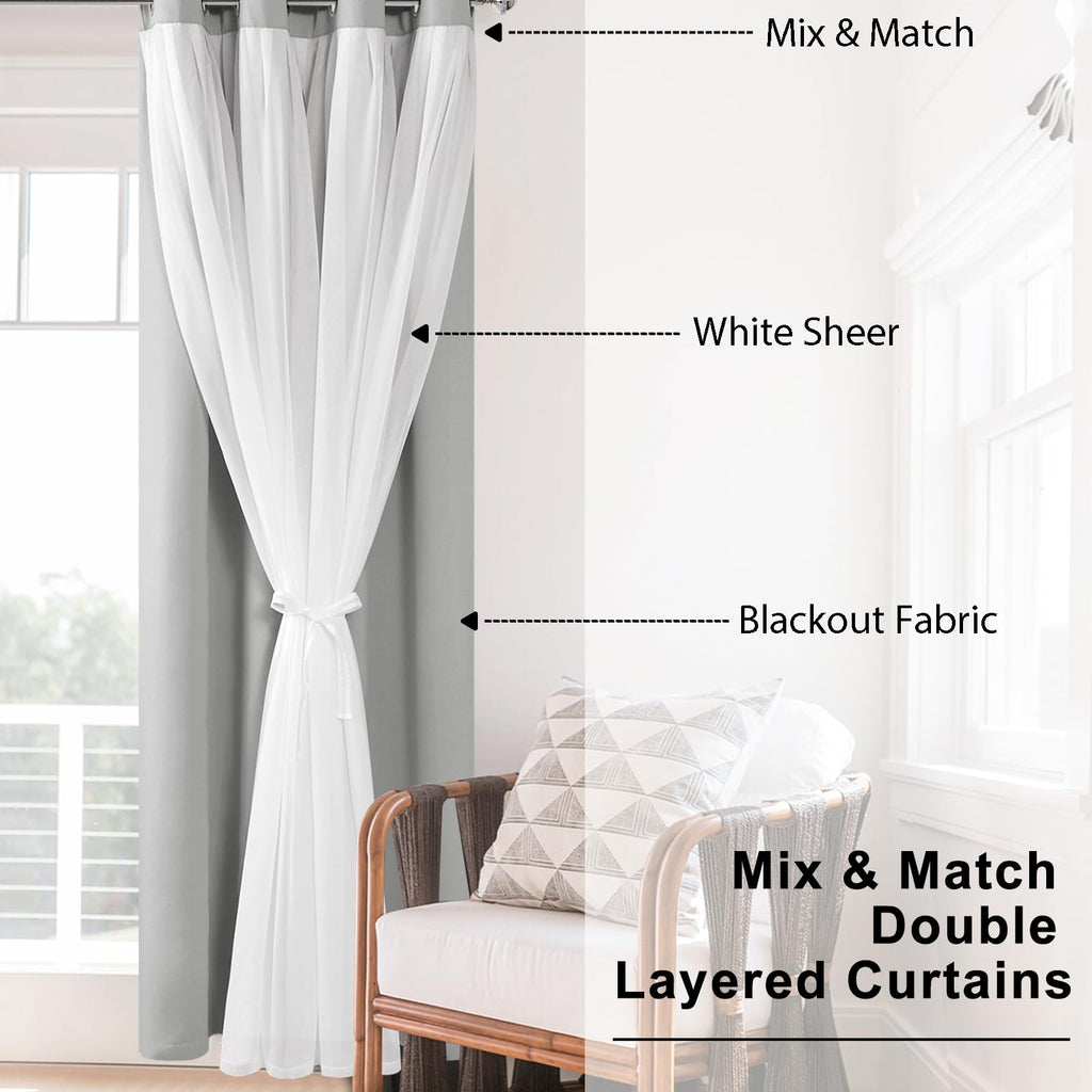 Hiasan Blackout Curtains With White Sheer Overlay, Mix & Match Double Layer Thermal Insulated Room Darkening Curtains For Bedroo