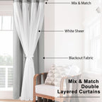 Hiasan Blackout Curtains With White Sheer Overlay, Mix & Match Double Layer Thermal Insulated Room Darkening Curtains For Bedroo