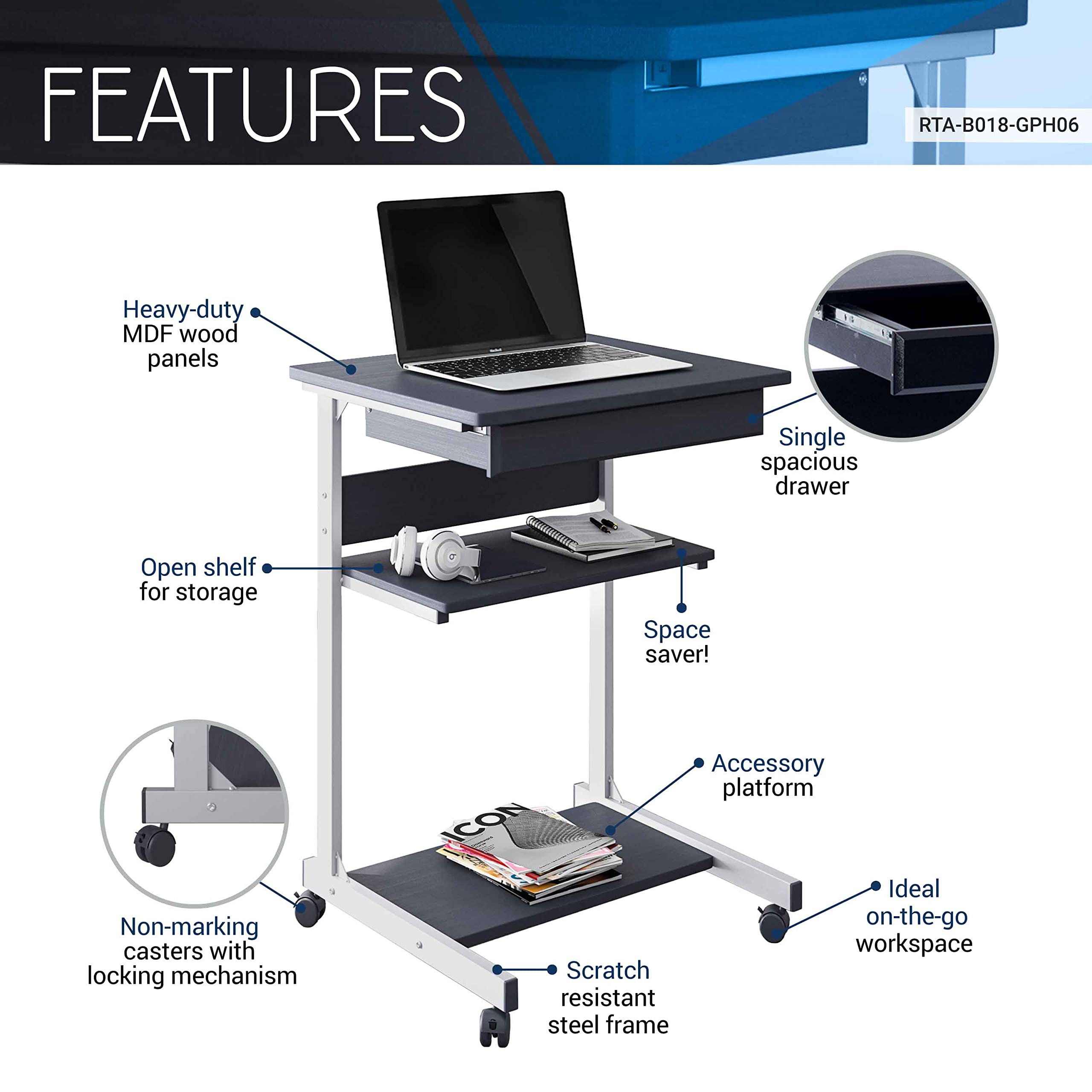 Techni Mobili RTA-B018-GPH06 Rolling Laptop Cart with Storage, Black Graphite