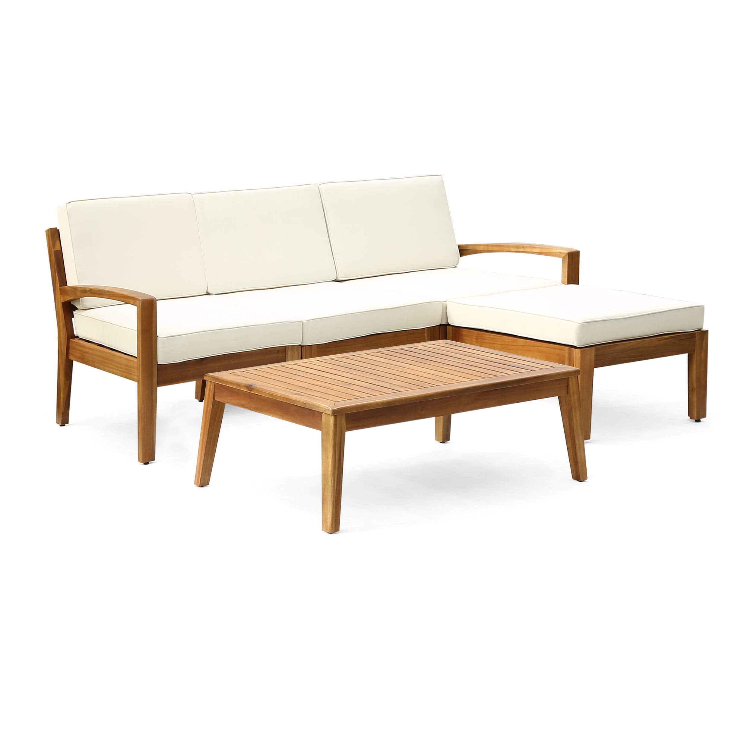 Christopher Knight Home Grenada Sectional Sofa Set | 5-Piece 3-Seater | Includes Coffee Table and Ottoman | Acacia Wood Frame | 