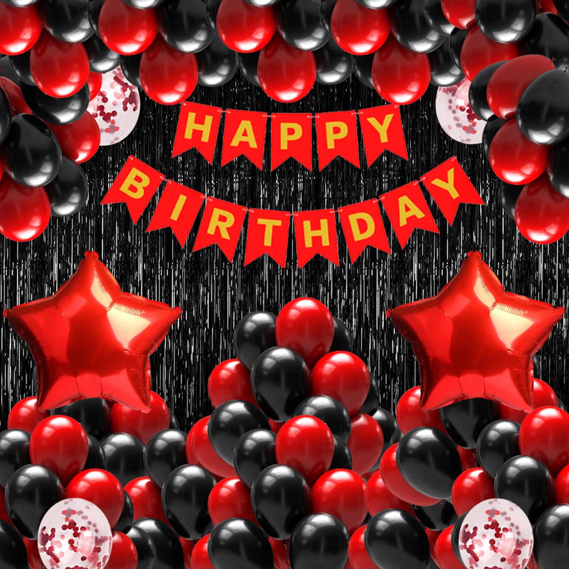 Rozi Decoration Birthday Party Kit, 33 Pieces, Red and Black Theme with Banner, Star Balloons, Metallic Balloons, Confetti Ballo