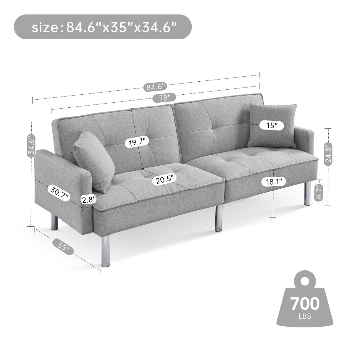 American Furniture Classics Light Grey Tufted Futon Convertible Sofa Sleeper with Two Throw Pillows Velvet, 85" x 35" x 35"