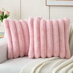 Futei Pink Decorative Throw Pillow Covers 16X16 Inch Set Of 2, Square Soft Faux Rabbit Fur Big Striped Cushion Cover,Home Decor