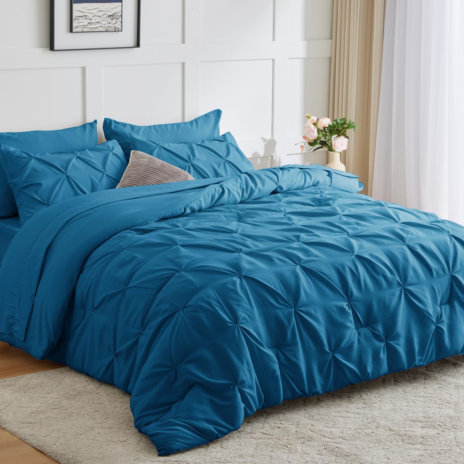 Cozylux Queen Comforter Set - 7 Pieces Bed In A Bag Teal Queen Size, Pintuck Comforters Pinch Pleat Bedding Sets With All Season