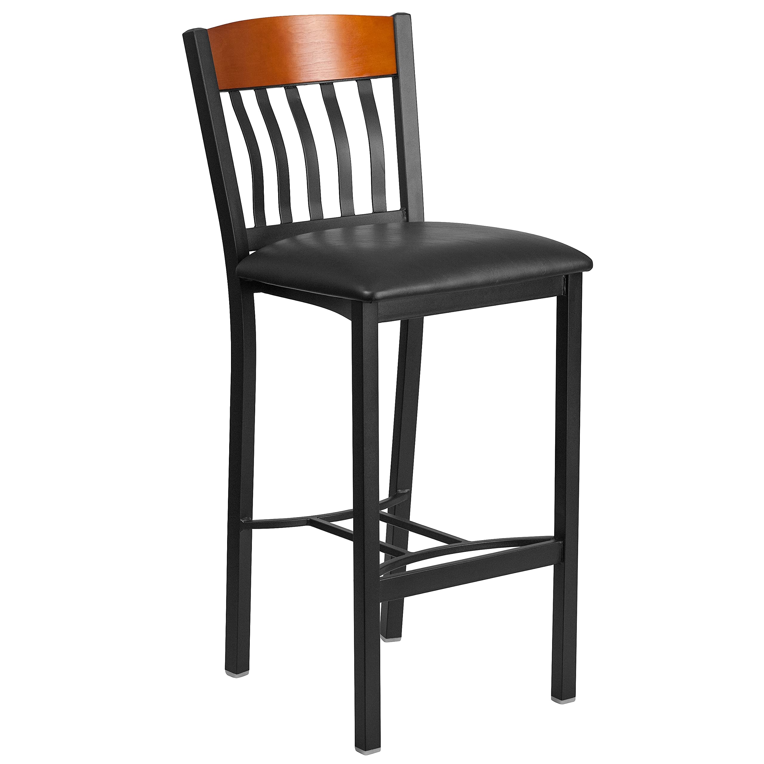 Flash Furniture Eclipse Series Vertical Back Black Metal And Cherry Wood Restaurant Barstool With Black Vinyl Seat