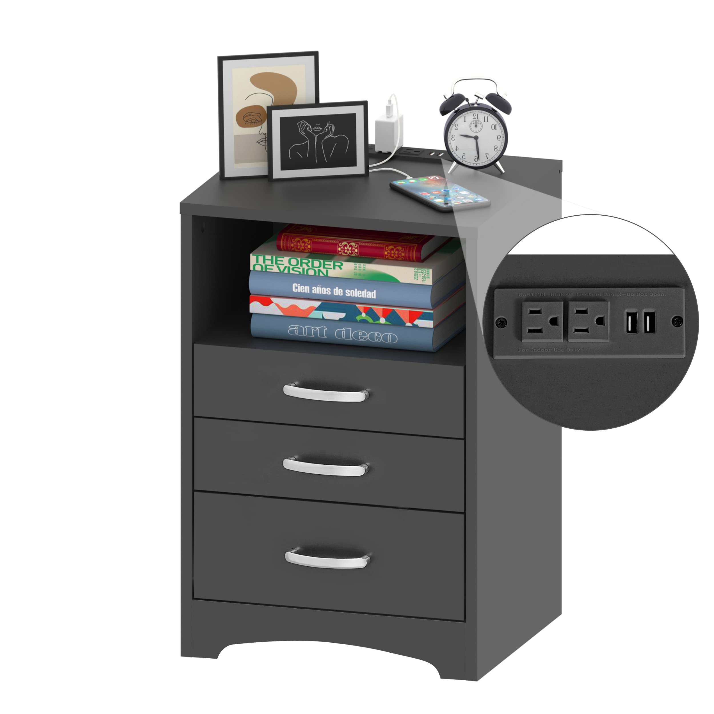 HOSEOKA 3 Drawers Black Nightstand with Charging Station, Side Table with Open Storage Bedside End Table Night Stand Storage Cab