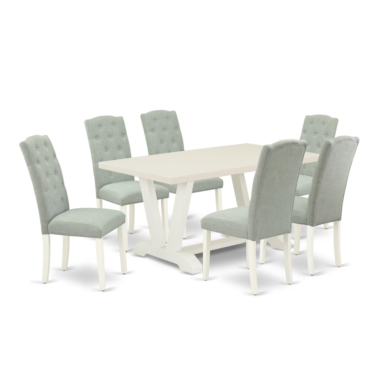 East West Furniture V026Ce215-7 7 Piece Dinette Set Consist Of A Rectangle Dining Room Table With V-Legs And 6 Baby Blue Linen Fabric Upholstered Parson Chairs, 36X60 Inch, Multi-Color