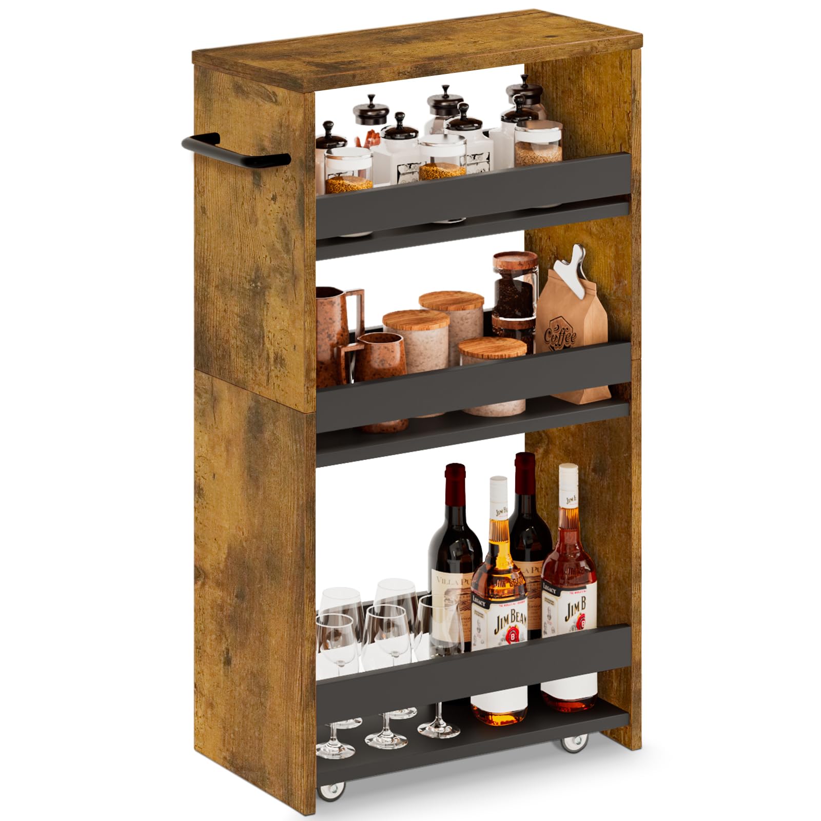Marty Rolling Storage Cart 7.9' W, 4-Tier Narrow Kitchen Cart With Wheels Handle, Slim Storage Mobile Shelving Utility Carts Fo