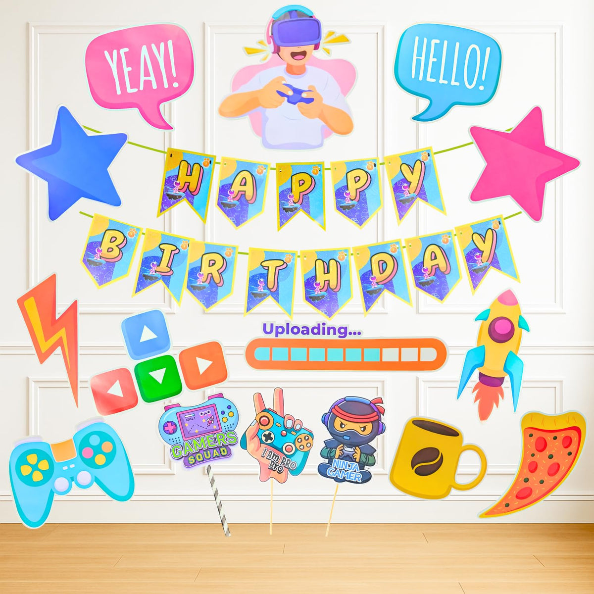 Party Decorz Gaming Theme Birthday Decoration Set (16 Pieces) | Happy Birthday Paper Banner, Gaming Paper Cutouts & Party Props 