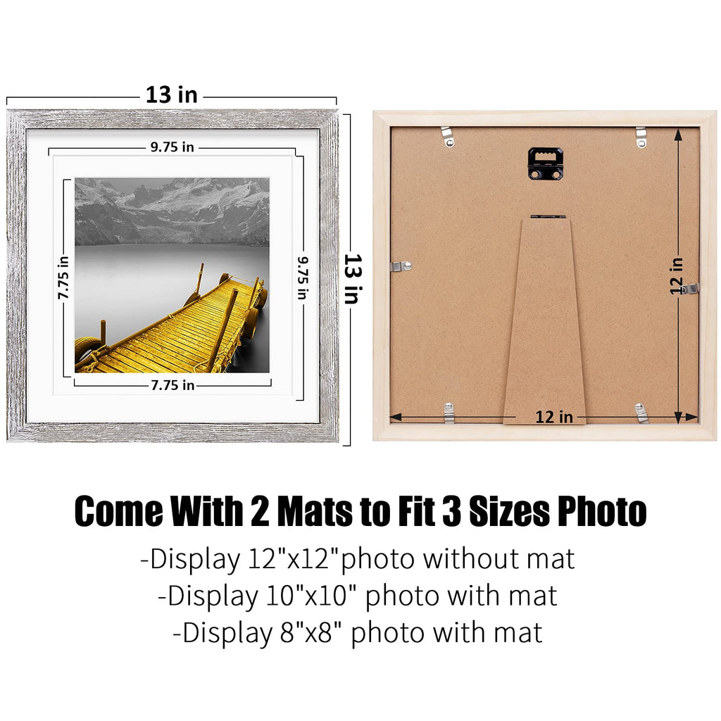 12X12 Picture Frames Wood Rustic Distressed White Display Pictures 10X10 Or 8X8 With Mat Or 12X12 Without Mat - 12X12 Inch Squar