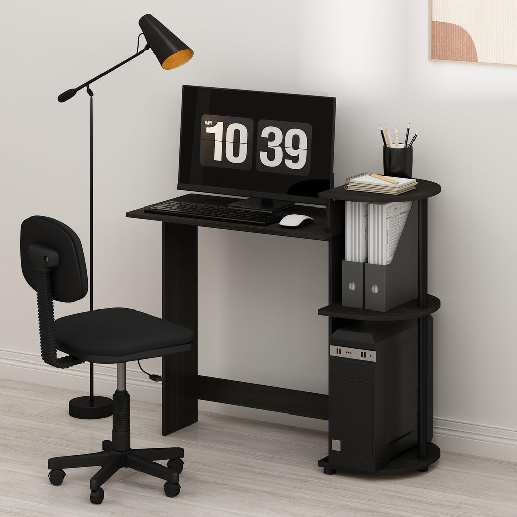 Furinno Compact Computer Desk with Shelves, Round Side, Espresso/Black