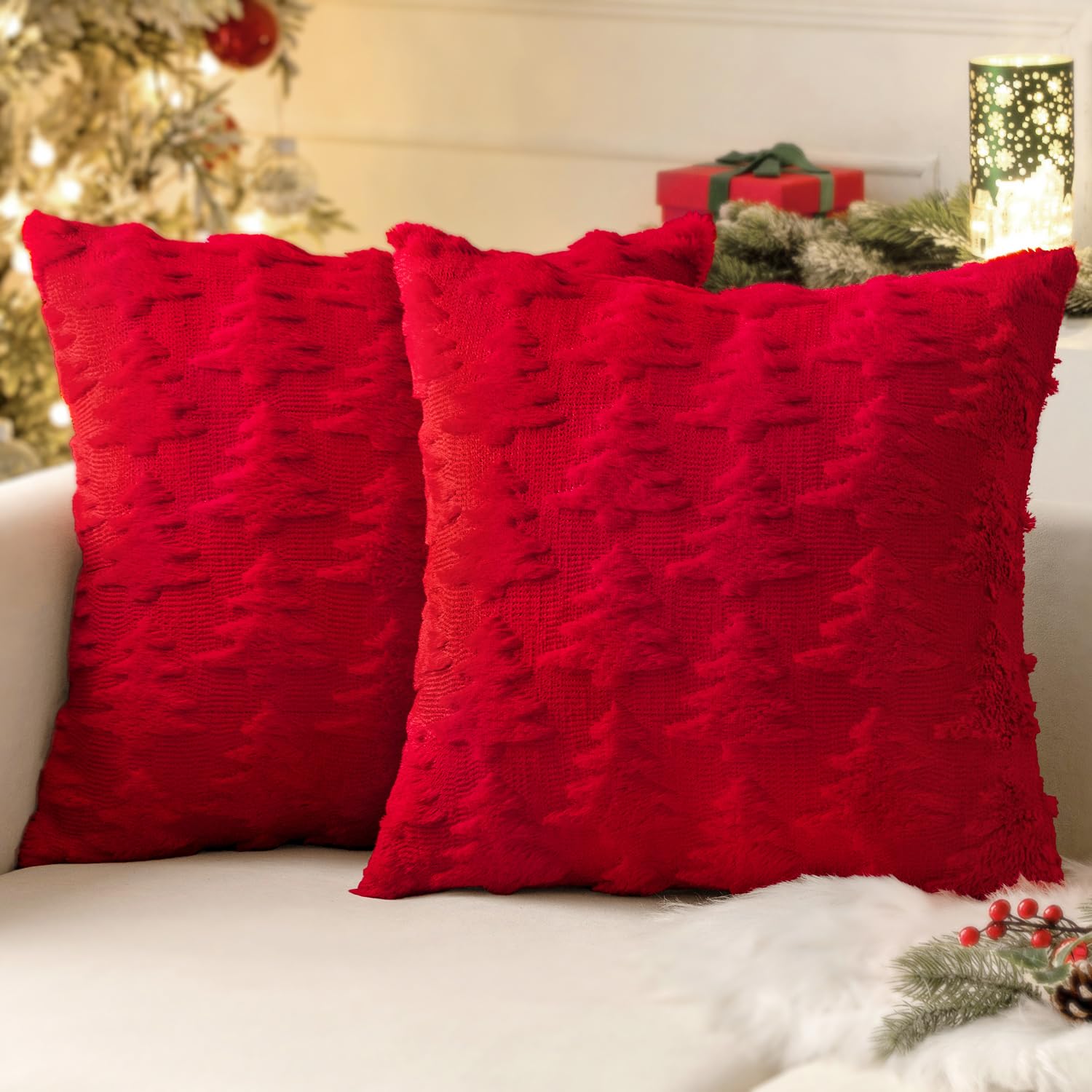 Miulee Red Throw Pillow Covers Christmas Tree Decorative Pillow Covers 18X18 Inch Soft Plush Faux Wool Pillow Covers Set Of 2 Fa