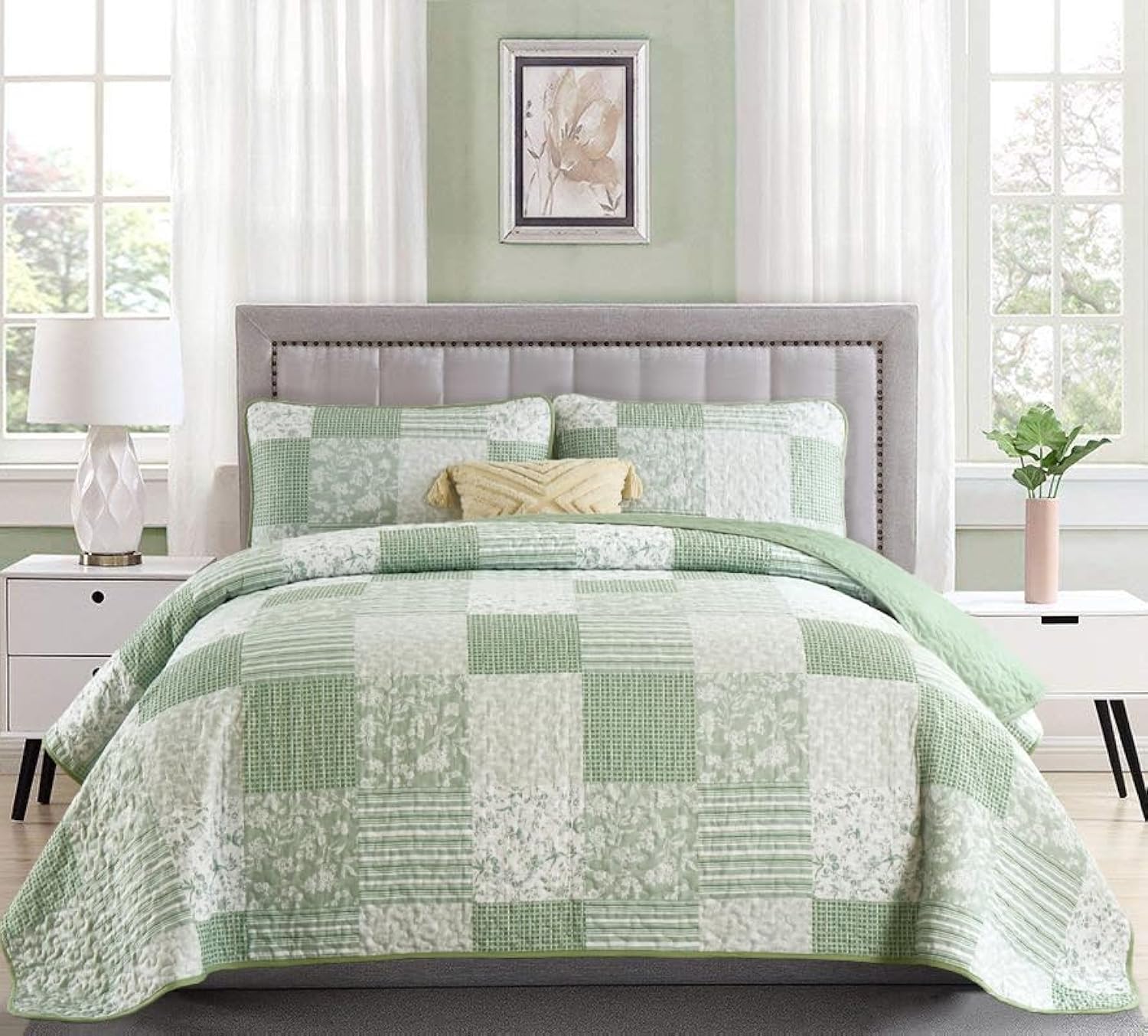 Mybedsoul Light Green Quilt Set Queen Size, 3 Pieces Plaid Floral Bedspread Set Patchwork Reversible Bedding Set Microfiber Ligh