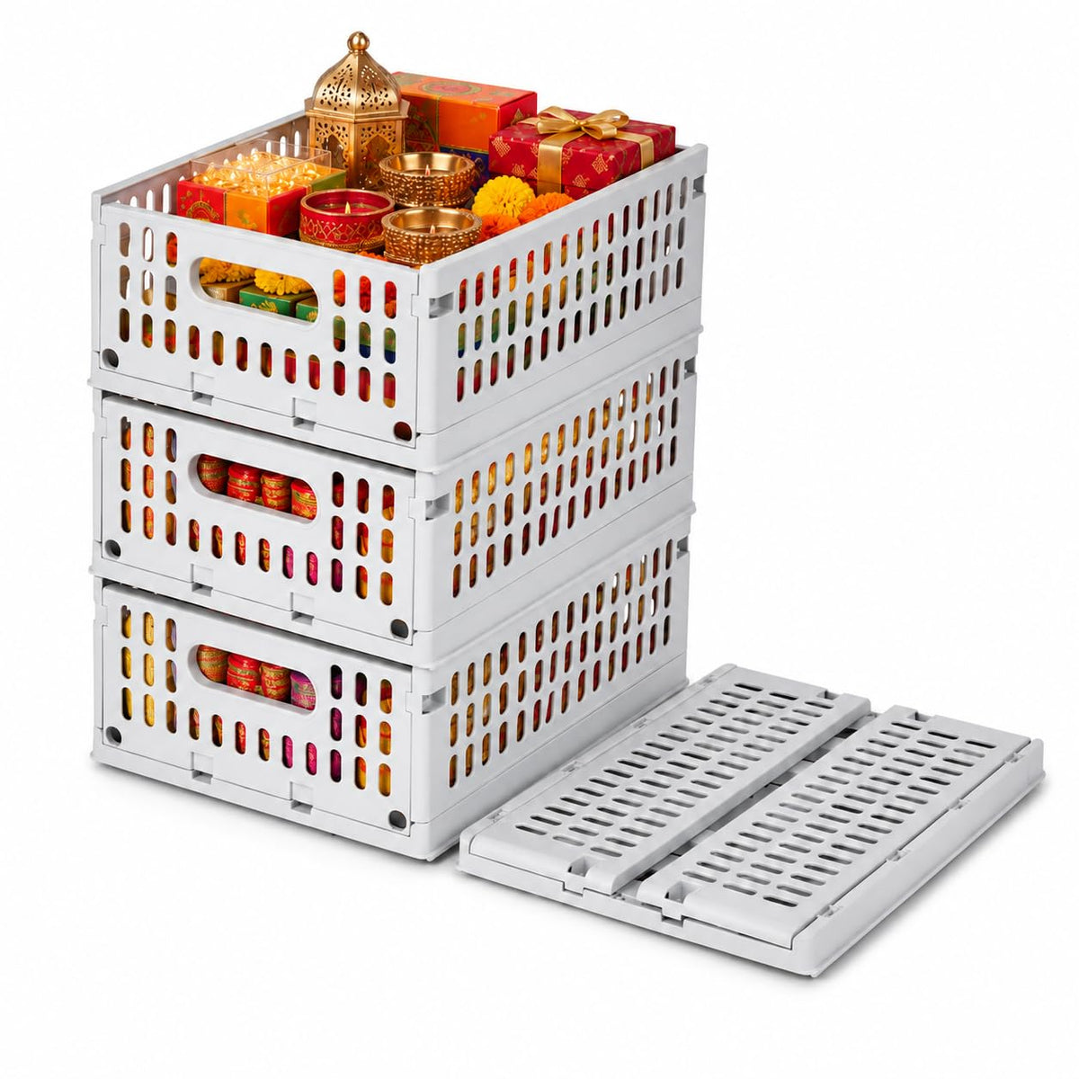 Aditya Polymers Foldable Plastic Storage Crates, 10 Kg Capacity Each | Stackable Spacesaving Multipurpose Baskets With Drawer A
