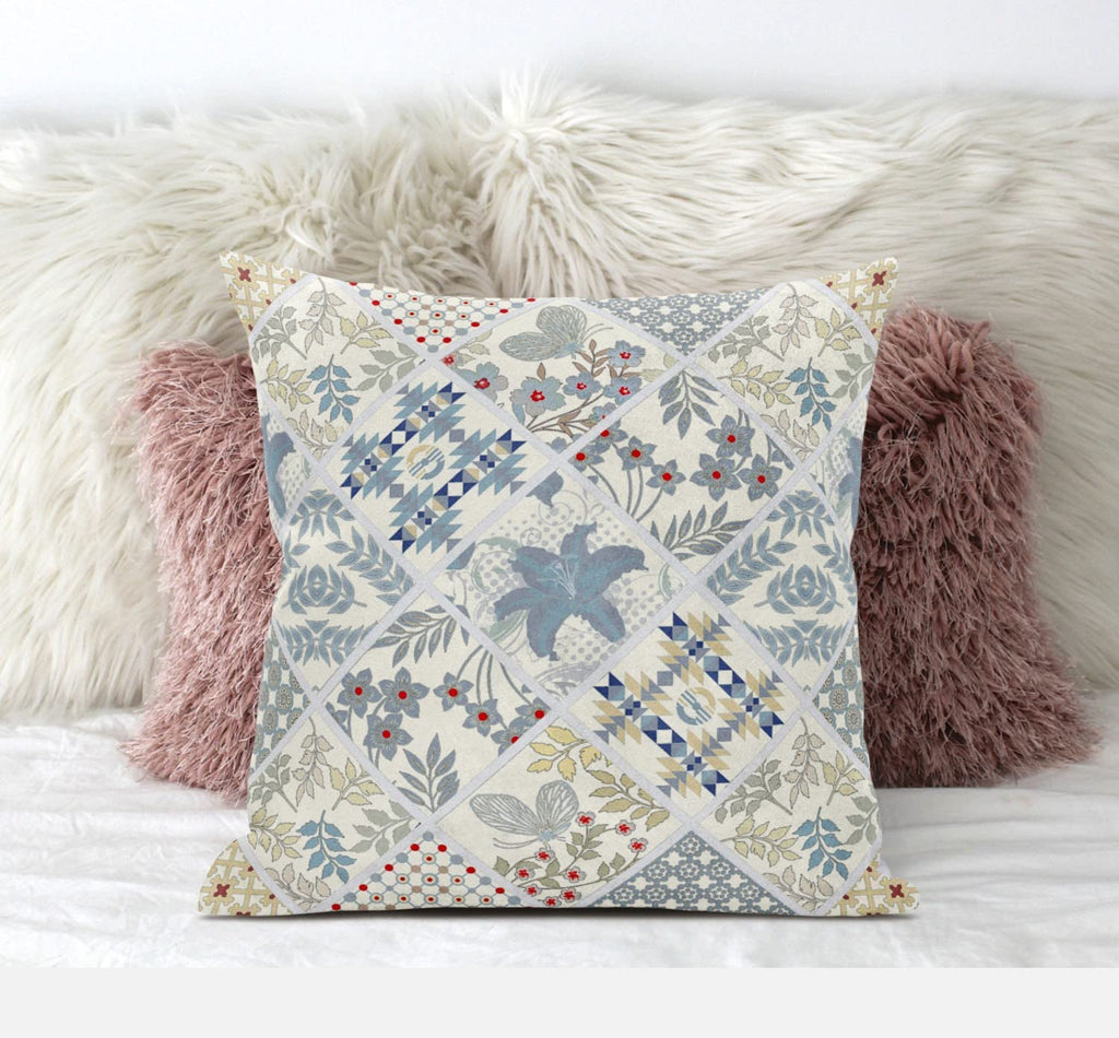 HomeRoots Light Grey Cream 16â€ White Blue Patch Suede Zippered Throw Pillow