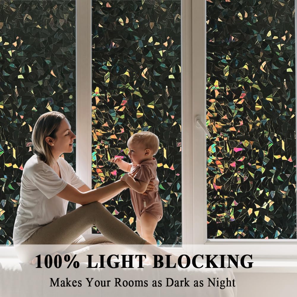 100% Light Blocking Blackout 3D Prism Privacy Window Film Room Darkening Glass Door Tint,Rainbow Effect Static Cling Heat Contro