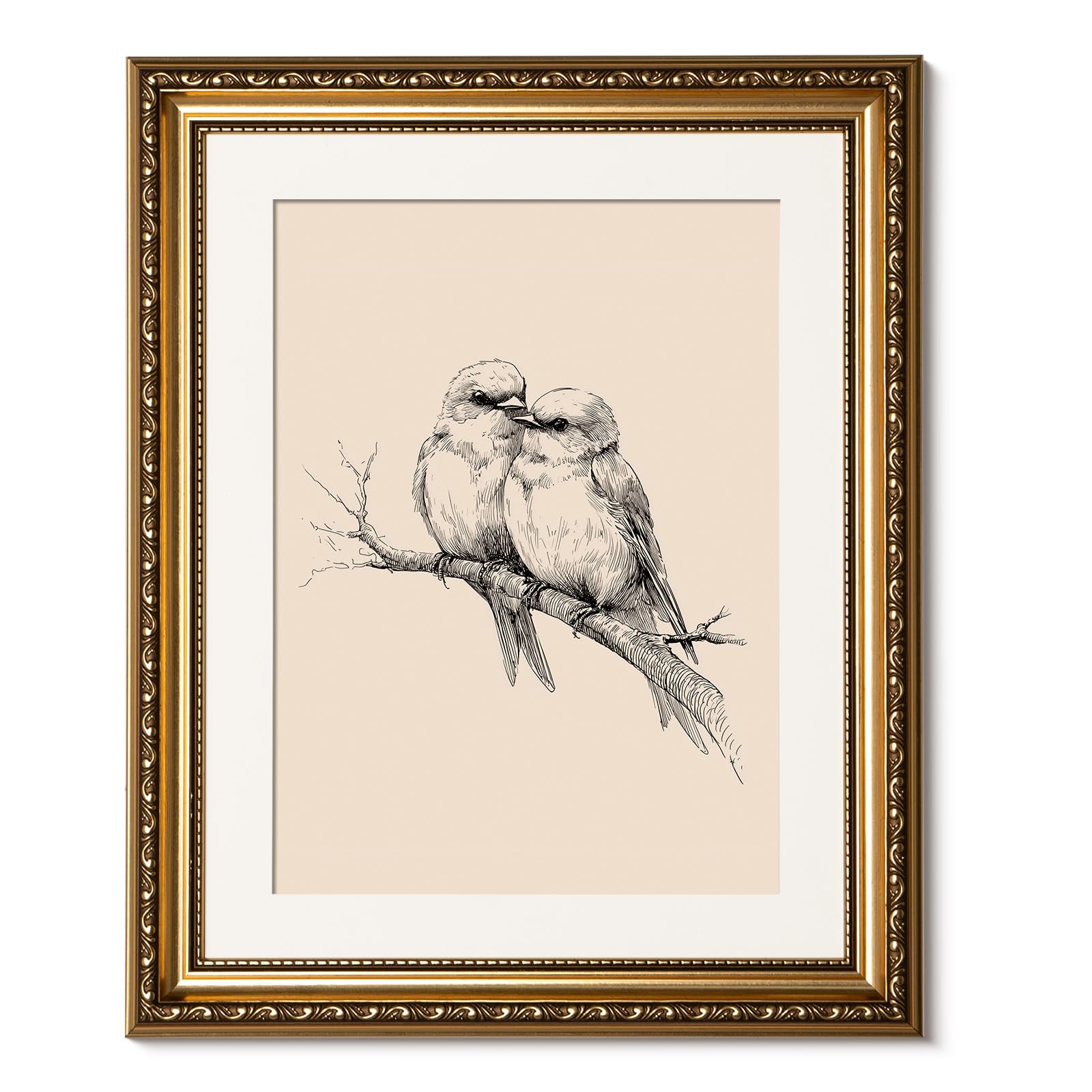 ARPEOTCY Vintage Gold Framed Wall Art, Sketch Birds in Love on a Branch Paintings, Canvas Prints Artwork with Antique Frame, Wal