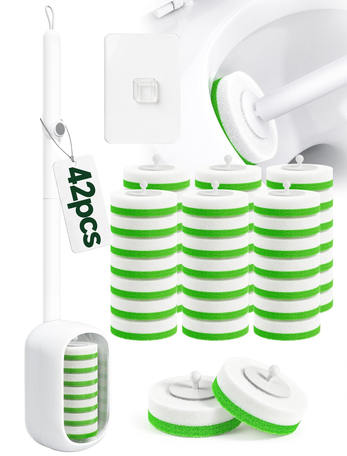 Disposable Toilet Brush, Toilet Wand Kit with Wall Mounted AutoOpen Refill Caddy, Preloaded Cleaner Heads, OneButton Release, 