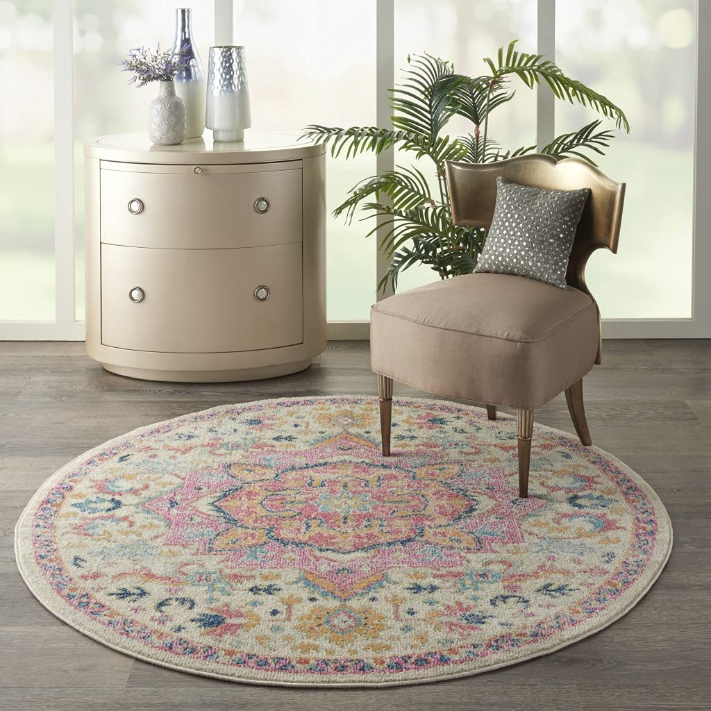 HomeRoots Ivory/Pink 100% Polypropylene 5’ Round Ivory and Pink Medallion Area Rug