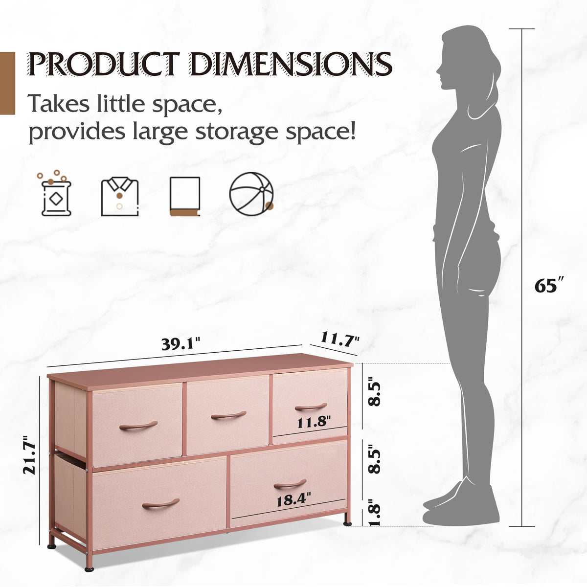 Wlive Dresser For Bedroom With 5 Drawers, Wide Chest Of Drawers, Fabric Dresser, Storage Organization Unit With Fabric Bins For Closet, Living Room, Hallway, Pink And Rose Gold