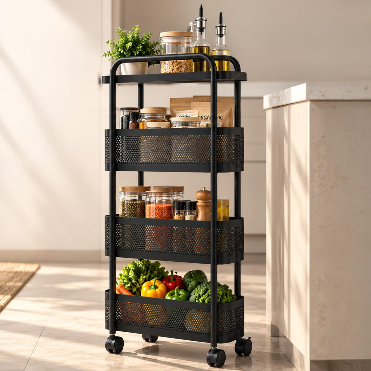 Dailora 4Tier Kitchen Storage Organizer Trolley With Wheels & Handle | Carbon Steel Rack With Top Shelf | Ventilated Baskets |
