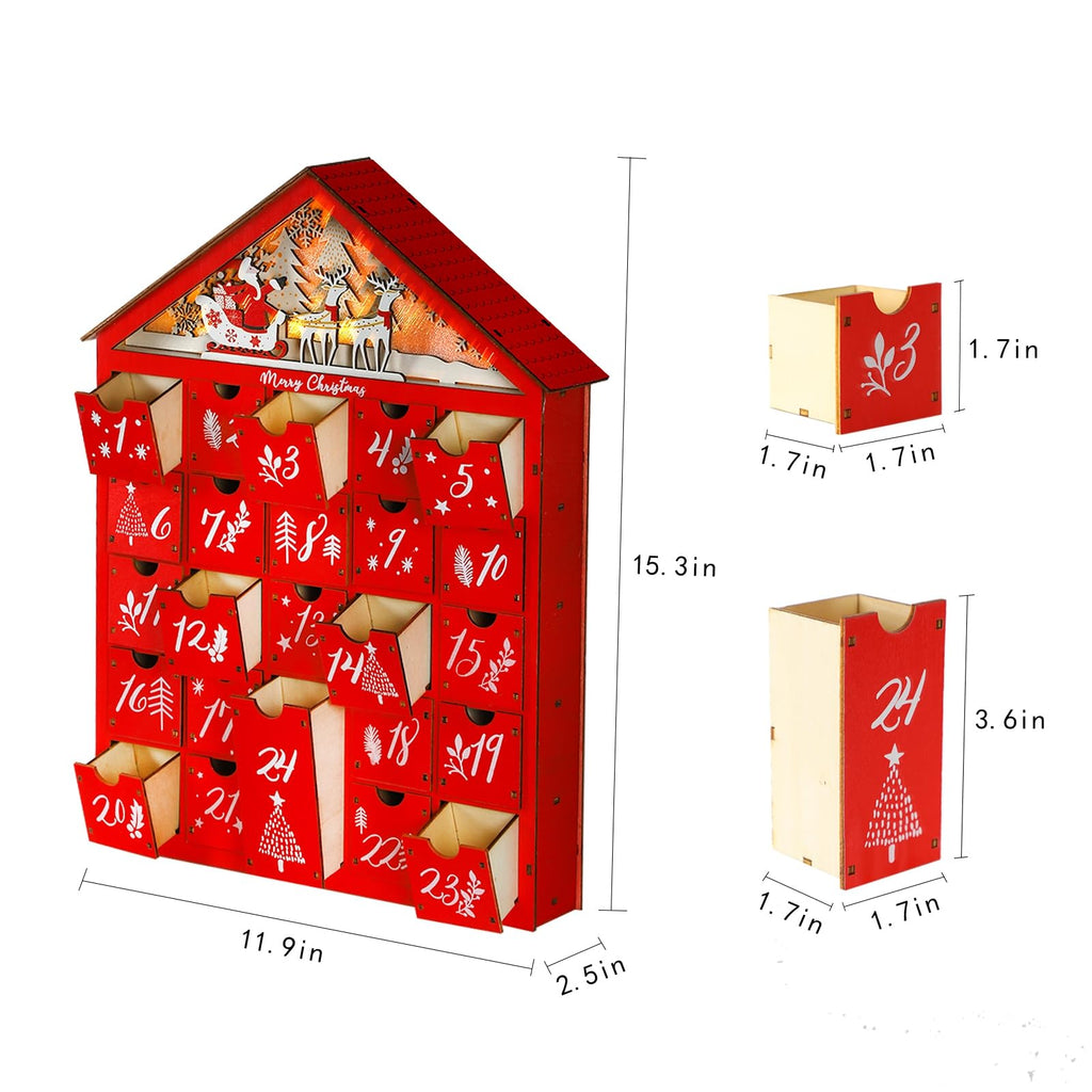 MorTime Lighted Wooden Advent Calendar with 24 Drawers, Red House Design, Christmas Decoration, Model T-FD-228
