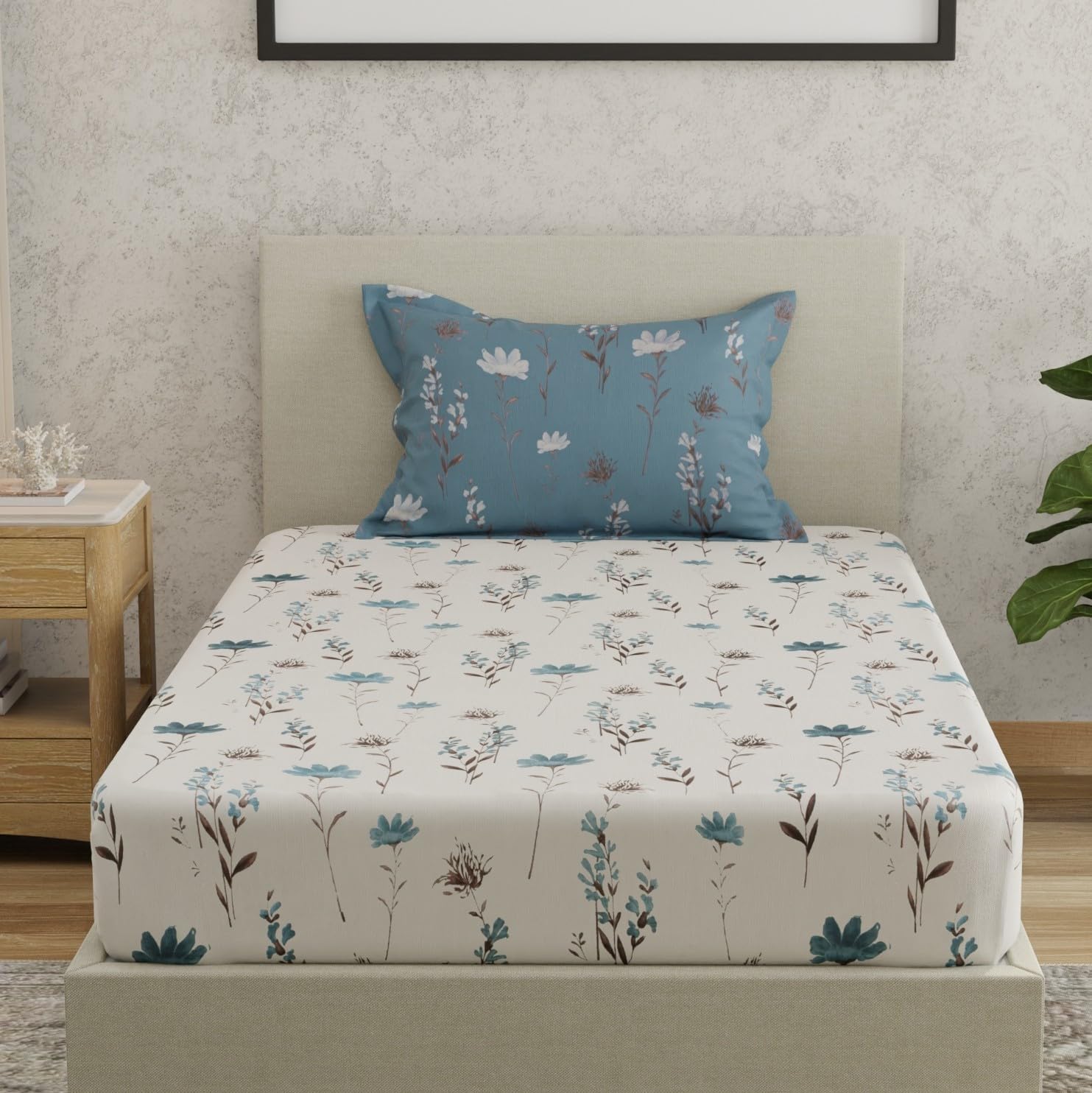 Huesland By Ahmedabad Cotton 144 Tc Bedsheet For Single Bed With 1 Pillow Cover | White, Blue & Grey
