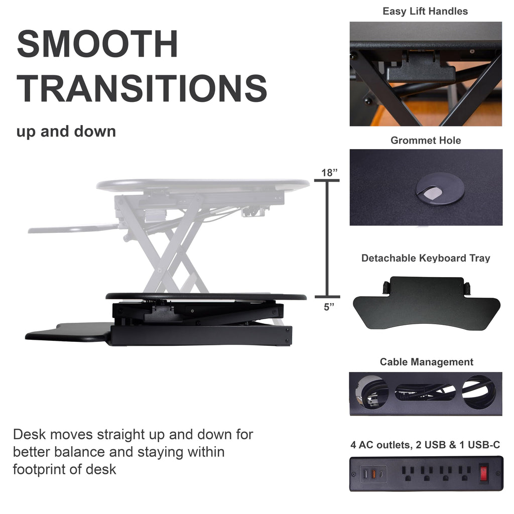 Rocelco 46" Height Adjustable Corner Standing Desk Converter with AC Outlet USB Charger and Dual Monitor Arm Mount - Stand Up Tabletop Riser Workstation - Keyboard Tray - Black (R CADRB-46-ACUSB-MA2)