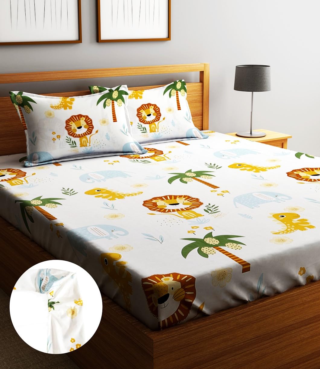 Home Sizzler 144Tc KidS LionS Haven Elastic Fitted Double Bedsheet (72X78 Inch) With 2 King Size Pillow Covers