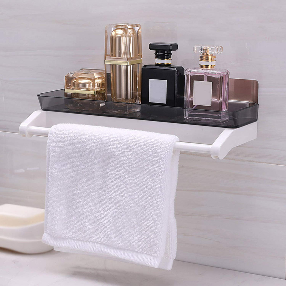 XENOTY Self Adhesive Bathroom Shelf Wall Organizer Shower Caddy, Kitchen Storage Rack with Towel Bar, Bathroom Shelves Storage O